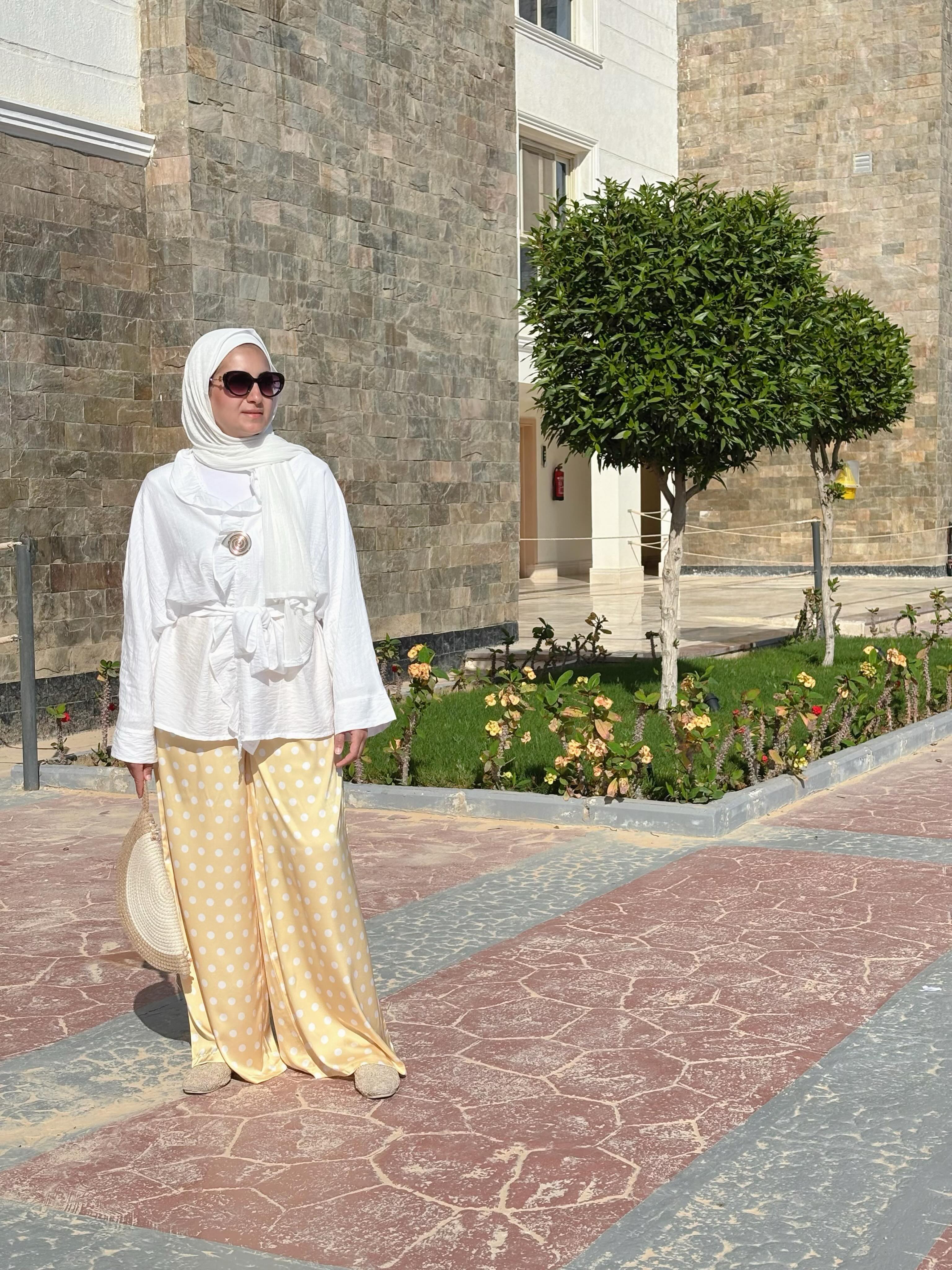 Yellow silk satin wide-leg pants with polka dots, free size, laid flat